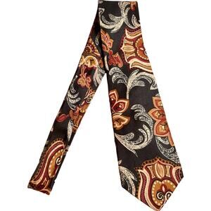 VTG 70s 80s Barbara Blank New York Silk Tie Paisley Floral Wide Black Grey Tan